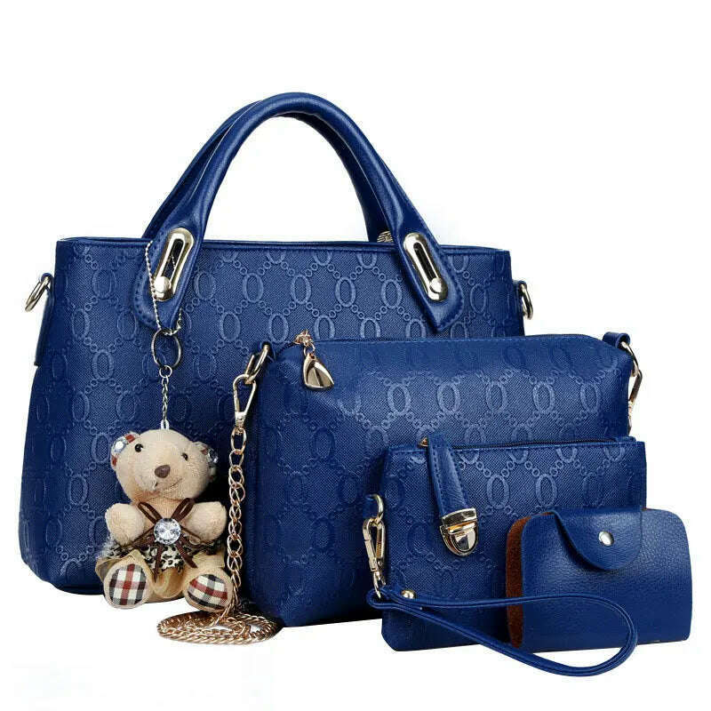 KIMLUD, 4PCS/Set Ladies Fashionable PU Leather Shoulder Bag Handbag Satchel Clutch Coin Purse Casual Bear Pendant Messenger Tote Bag, KIMLUD Womens Clothes