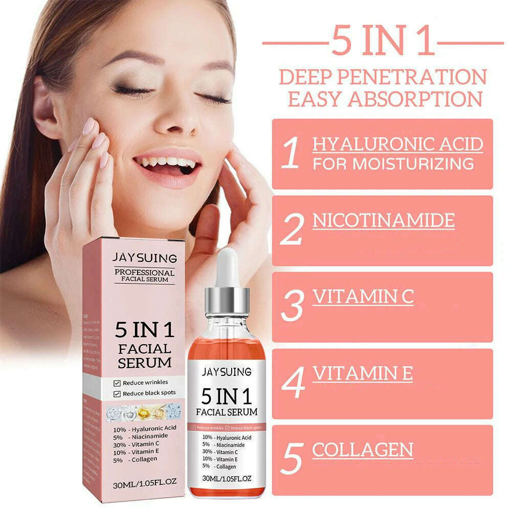 KIMLUD, 5 In 1 Fade fine lines Firming Face Serum Moisturizing brightning Vitamin C Hyaluronic Acid Facial Serum Shrink Pores Skin Care, KIMLUD Womens Clothes