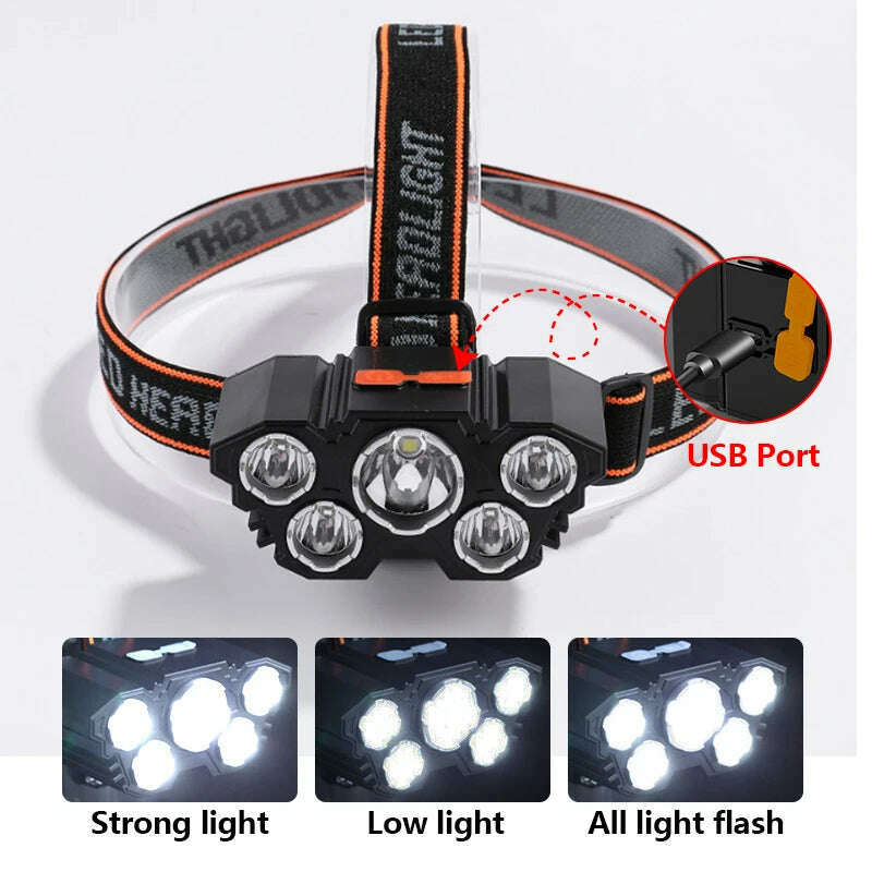 5 LED Flashlight Rechargeable with Built in Battery Strong Light Camping Adventure Fishing Head Light Headlamp - KIMLUD