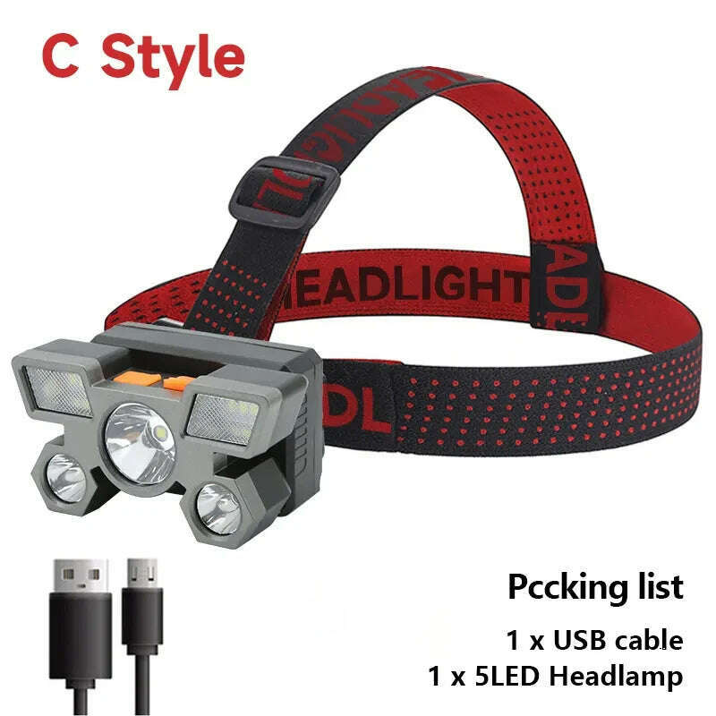 5 LED Flashlight Rechargeable with Built in Battery Strong Light Camping Adventure Fishing Head Light Headlamp - KIMLUD