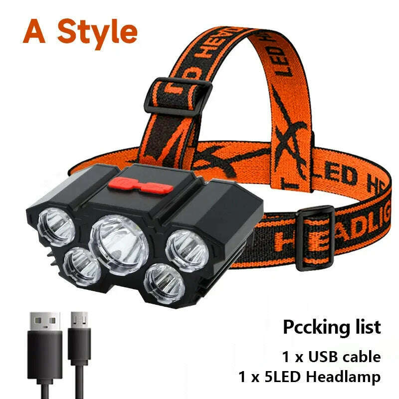 5 LED Flashlight Rechargeable with Built in Battery Strong Light Camping Adventure Fishing Head Light Headlamp - KIMLUD