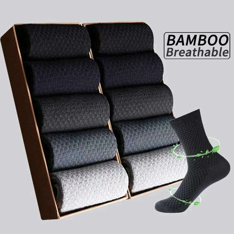 5 Pairs Men Bamboo Fiber Crew Casual Socks Man High Quality Spring Summer Autumn Business Breathable Black Male Dress Long Socks - KIMLUD