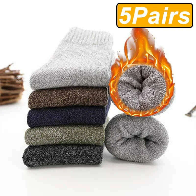 KIMLUD, 5 Pairs Winter Warm Men’s Socks Wool Male Women Socks Super Thicker Solid Socks Merino Wool Socks Against Cold Snow Terry Socks, KIMLUD Womens Clothes