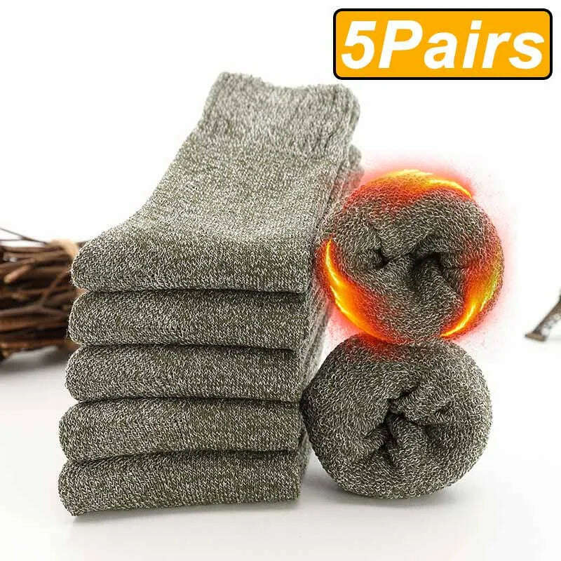 KIMLUD, 5 Pairs Winter Warm Men’s Socks Wool Male Women Socks Super Thicker Solid Socks Merino Wool Socks Against Cold Snow Terry Socks, One Size / 5 green gray, KIMLUD APPAREL - Womens Clothes