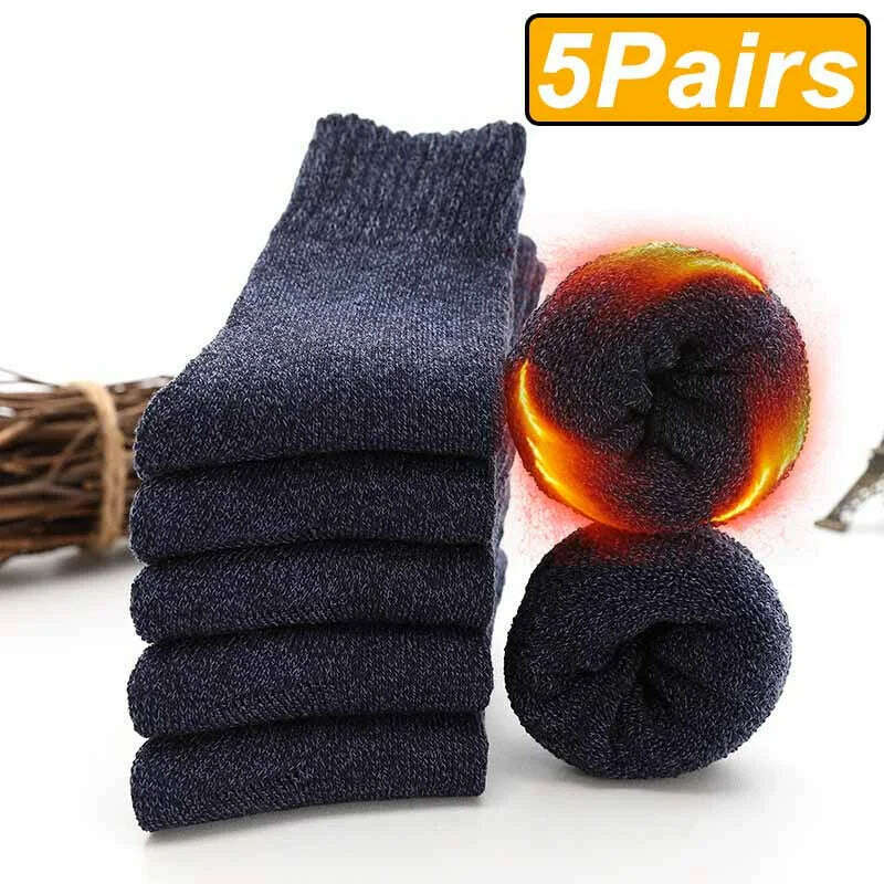 KIMLUD, 5 Pairs Winter Warm Men’s Socks Wool Male Women Socks Super Thicker Solid Socks Merino Wool Socks Against Cold Snow Terry Socks, One Size / 5 navy color, KIMLUD APPAREL - Womens Clothes