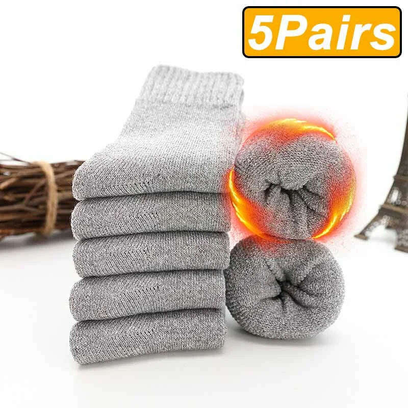 KIMLUD, 5 Pairs Winter Warm Men’s Socks Wool Male Women Socks Super Thicker Solid Socks Merino Wool Socks Against Cold Snow Terry Socks, One Size / 5 light gray, KIMLUD APPAREL - Womens Clothes