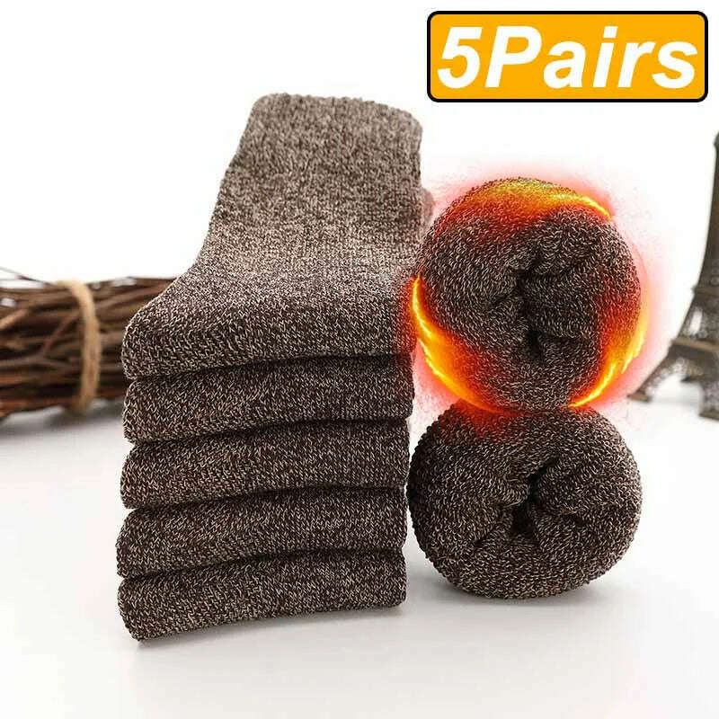 KIMLUD, 5 Pairs Winter Warm Men’s Socks Wool Male Women Socks Super Thicker Solid Socks Merino Wool Socks Against Cold Snow Terry Socks, One Size / 5 brown, KIMLUD APPAREL - Womens Clothes