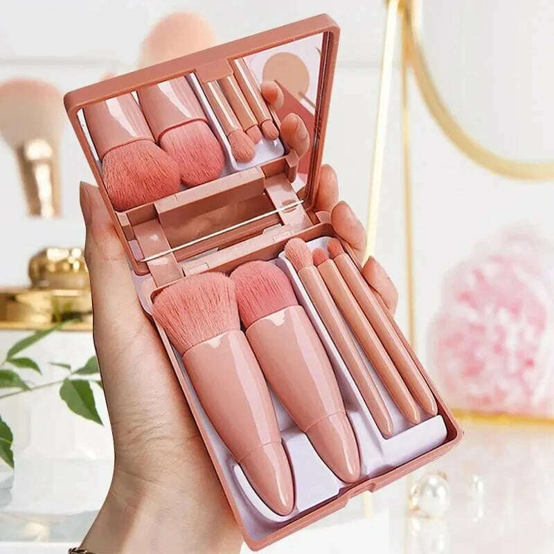 KIMLUD, 5 PCs Cosmetic Brush Portable Makeup Brush Travel With Mirror Box Makeup Set Brush Loose Brush Blush Brush Eyeshadow Brush, KIMLUD Womens Clothes