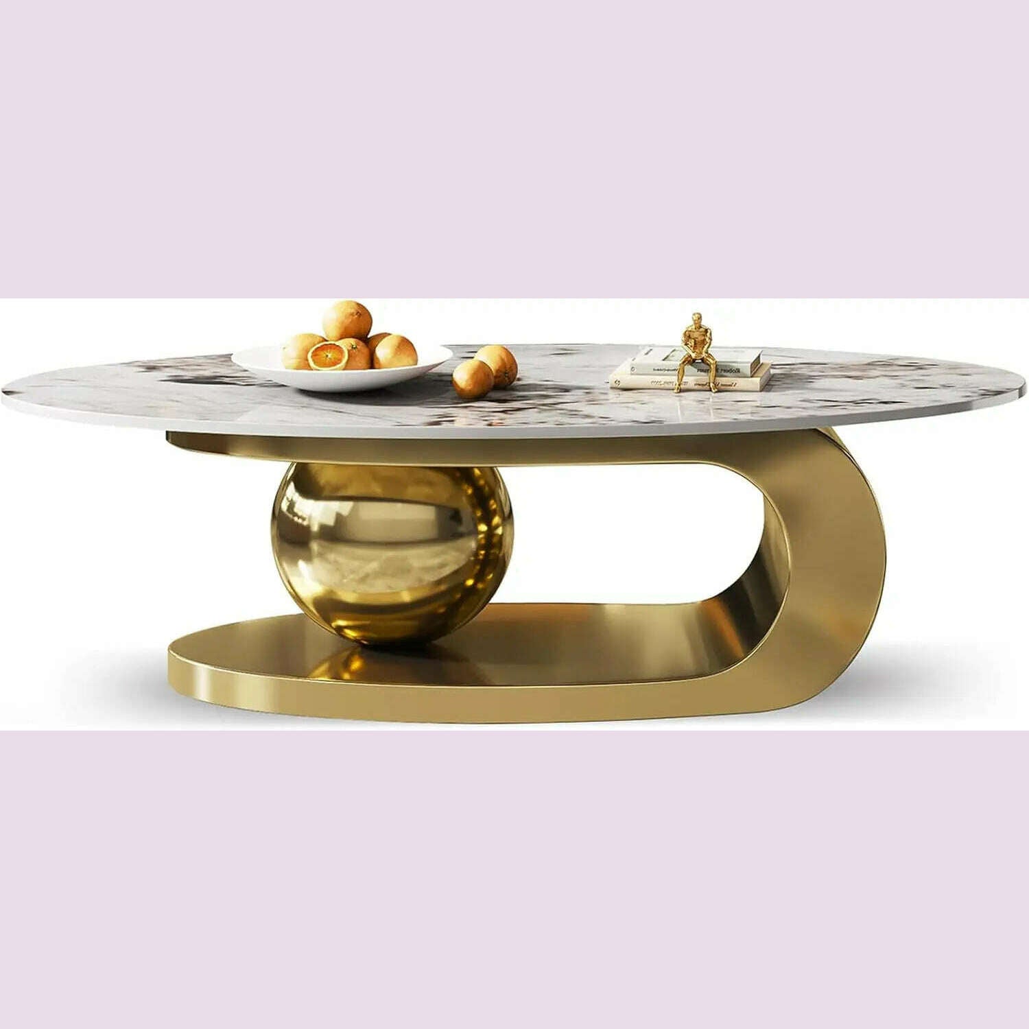 51" Lx28 Wx16.5 H.Modern Oval Stone Coffee Table with Abstract Gold Metal Base - Perfect Centerpiece for Stylish Living Rooms-Go - KIMLUD