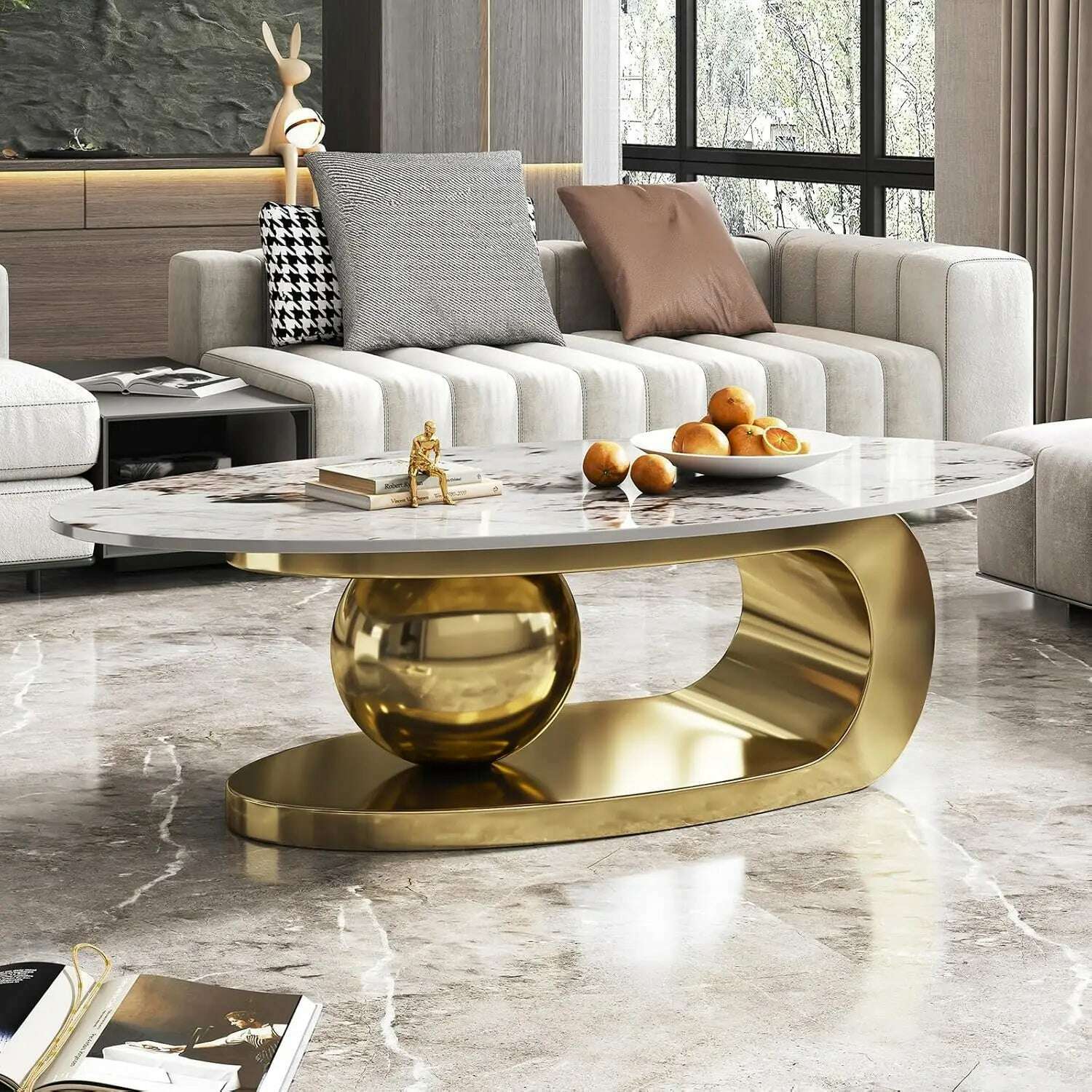 KIMLUD, 51" Lx28 Wx16.5 H.Modern Oval Stone Coffee Table with Abstract Gold Metal Base - Perfect Centerpiece for Stylish Living Rooms-Go, KIMLUD Womens Clothes