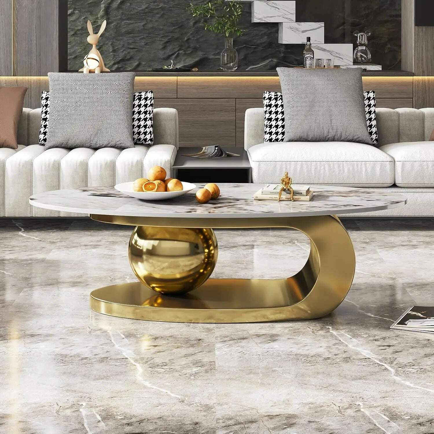 KIMLUD, 51" Lx28 Wx16.5 H.Modern Oval Stone Coffee Table with Abstract Gold Metal Base - Perfect Centerpiece for Stylish Living Rooms-Go, KIMLUD Womens Clothes