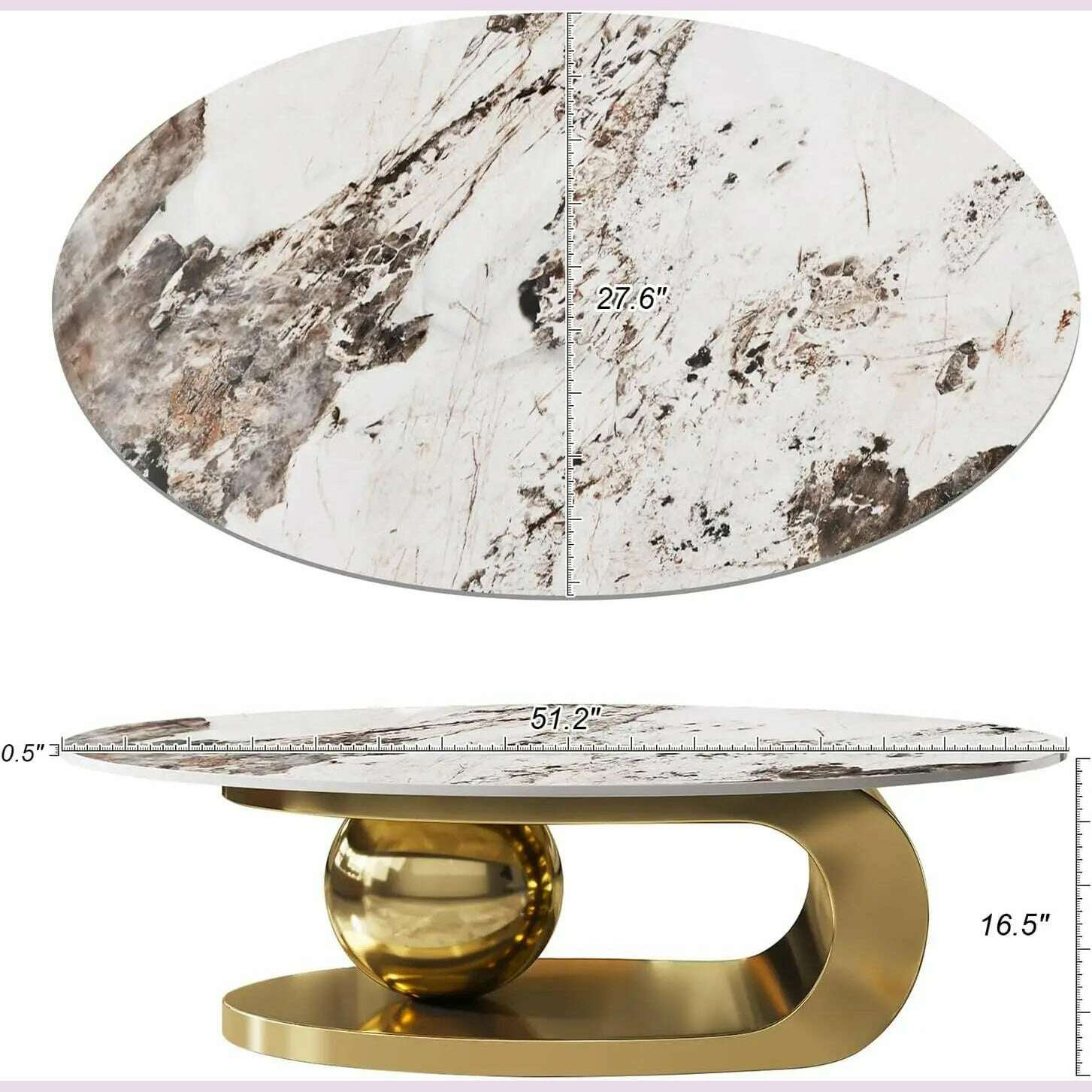 51" Lx28 Wx16.5 H.Modern Oval Stone Coffee Table with Abstract Gold Metal Base - Perfect Centerpiece for Stylish Living Rooms - KIMLUD