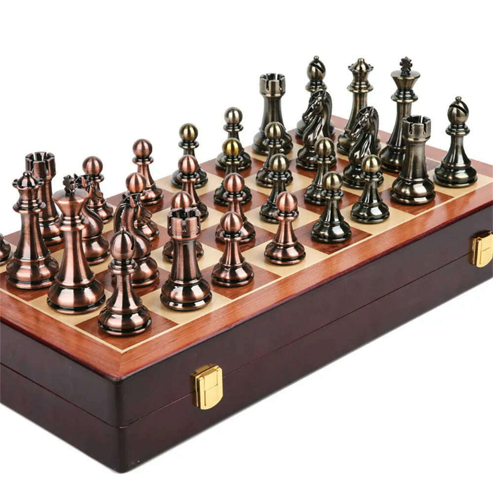 52x52cm High Grade Luxury Wooden Chess Board Games Bronze Metal Chess Pieces Set Folding Family Board For Children Checkerboard - KIMLUD