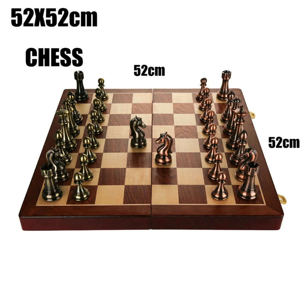 KIMLUD, 52x52cm High Grade Luxury Wooden Chess Board Games Bronze Metal Chess Pieces Set Folding Family Board For Children Checkerboard, 52X52cm, KIMLUD APPAREL - Womens Clothes