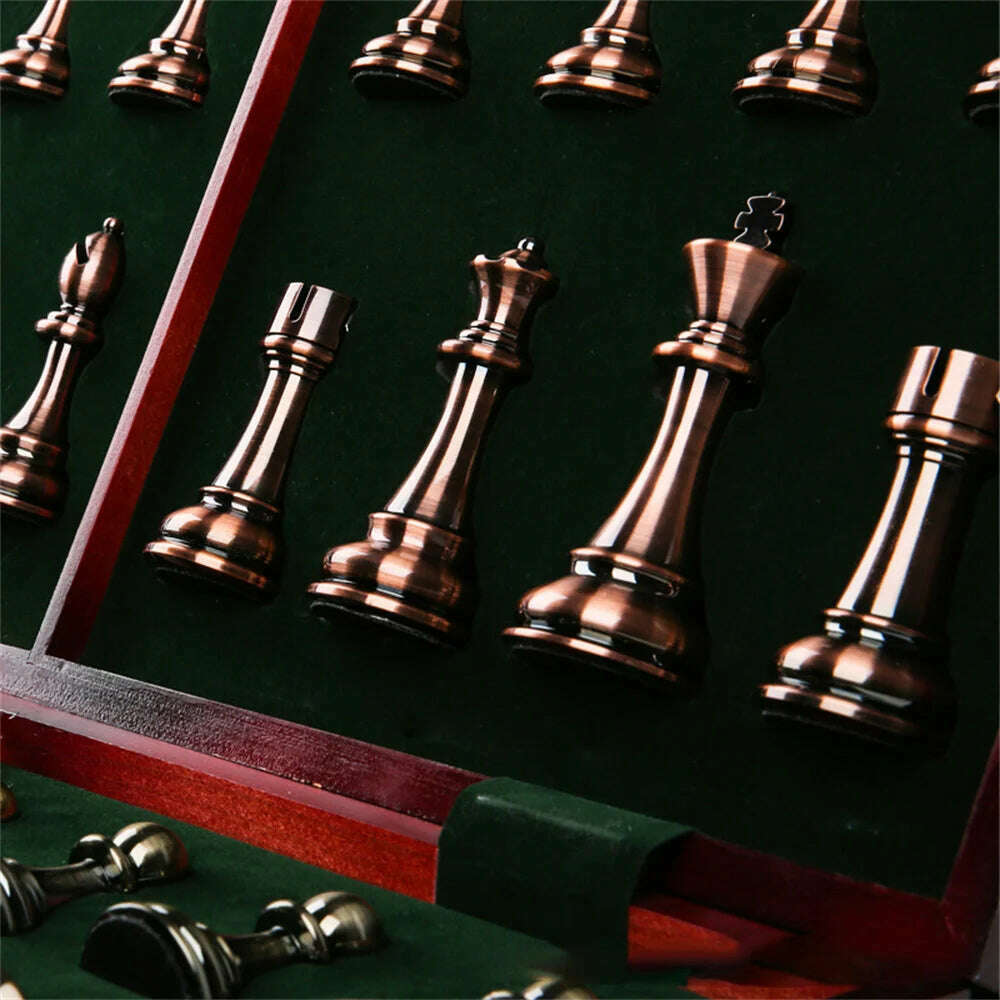 52x52cm High Grade Luxury Wooden Chess Board Games Bronze Metal Chess Pieces Set Folding Family Board For Children Checkerboard - KIMLUD