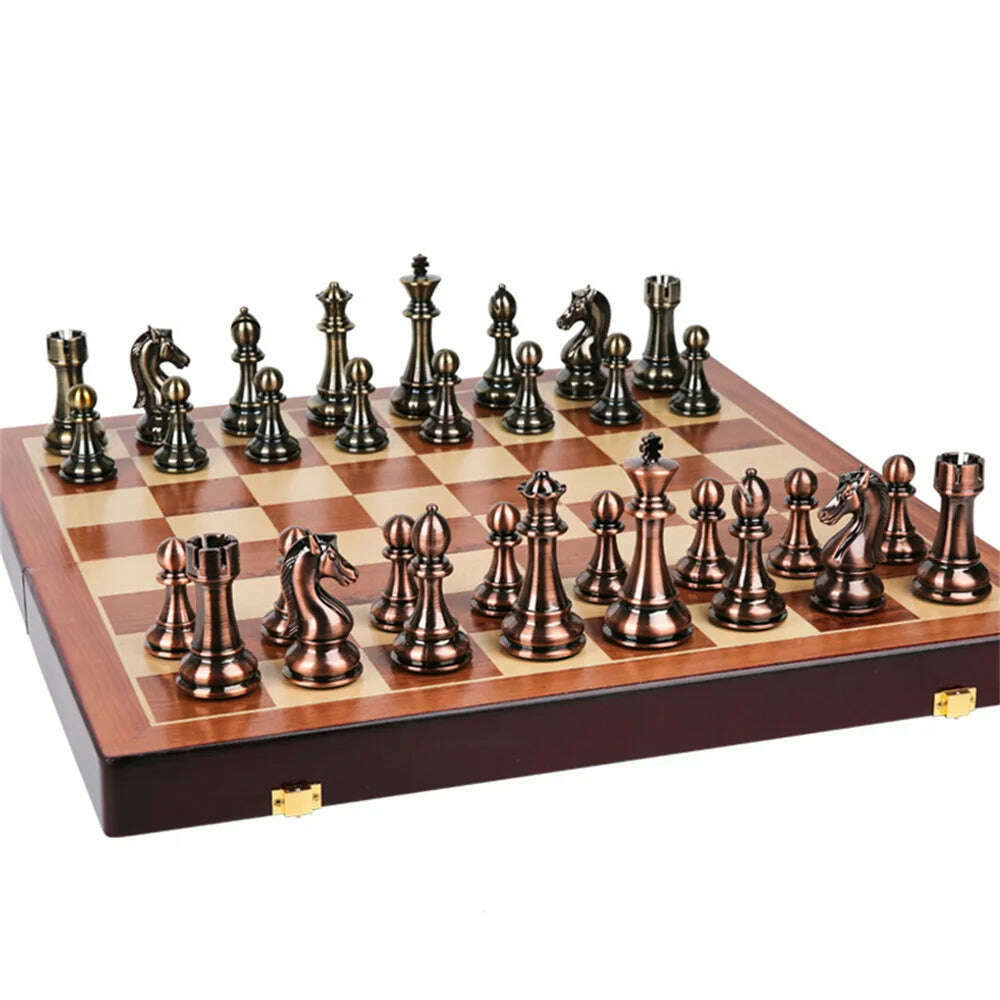 52x52cm High Grade Luxury Wooden Chess Board Games Bronze Metal Chess Pieces Set Folding Family Board For Children Checkerboard - KIMLUD