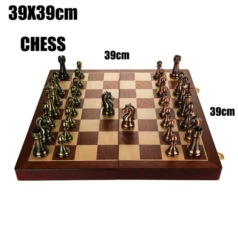 52x52cm High Grade Luxury Wooden Chess Board Games Bronze Metal Chess Pieces Set Folding Family Board For Children Checkerboard - KIMLUD