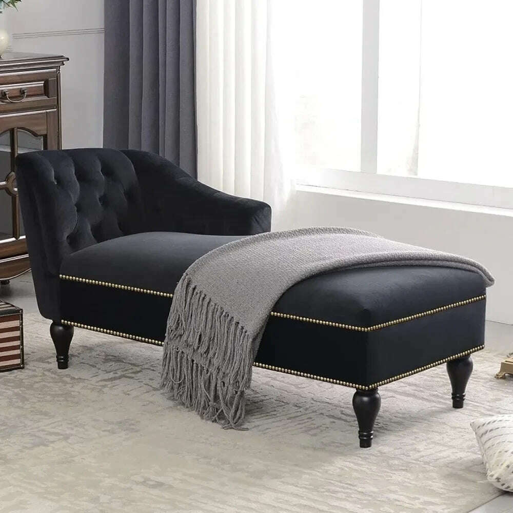 58" Velvet Chaise,Button Tufted Arm Facing Chair with Solid Wood Legs for Living Room or Office,Sleeper Lounge Sofa,Black - KIMLUD