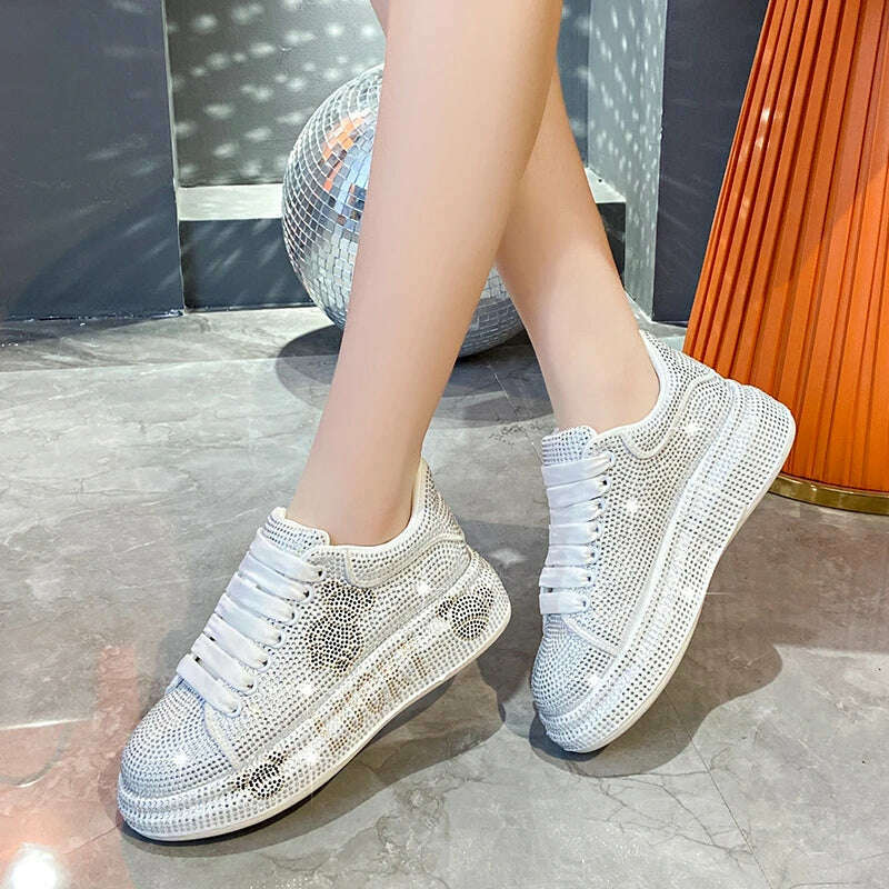 KIMLUD, 5CM Spring Autumn Genuine Leather Women Shoes Style Fashion Platform Shoes Platforms Sneakers Tide Shine Bling Rhinestone Shoes, KIMLUD Womens Clothes