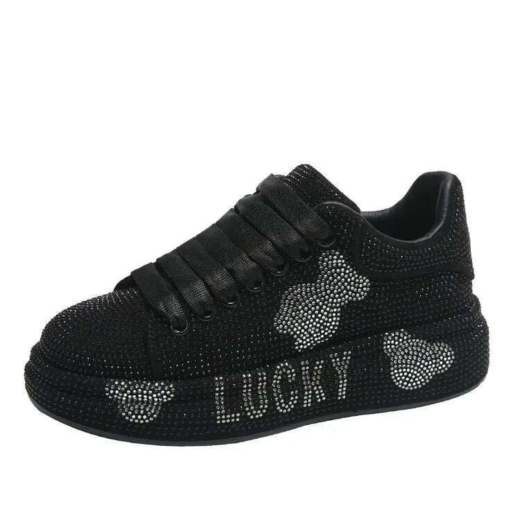 KIMLUD, 5CM Spring Autumn Genuine Leather Women Shoes Style Fashion Platform Shoes Platforms Sneakers Tide Shine Bling Rhinestone Shoes, Black / 42, KIMLUD Womens Clothes