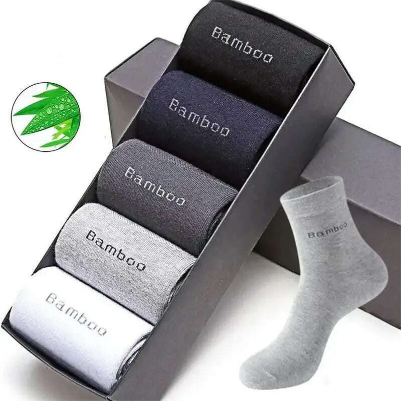 5Pairs/Men's Bamboo Fiber Socks Business Black Mid-tube Socks Deodorant Absorbent Breathable Spring Summer Bamboo Socks for Men - KIMLUD