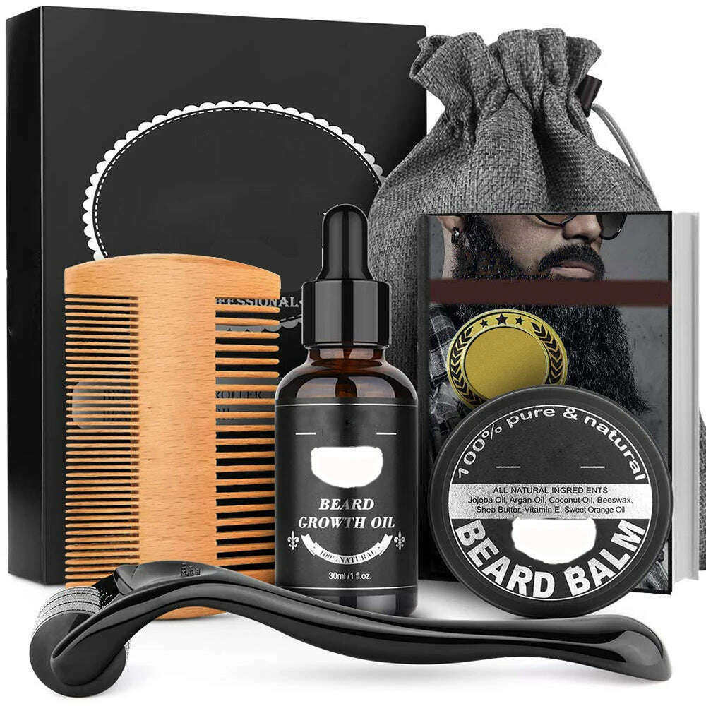 KIMLUD, 5pcs/set Beard Growth Kit For Men Hair Enhancer Thicker Mustache Grooming Beard Care Oil Moisturizer Wax Balm With Roller Comb, 5pcs one set, KIMLUD Womens Clothes