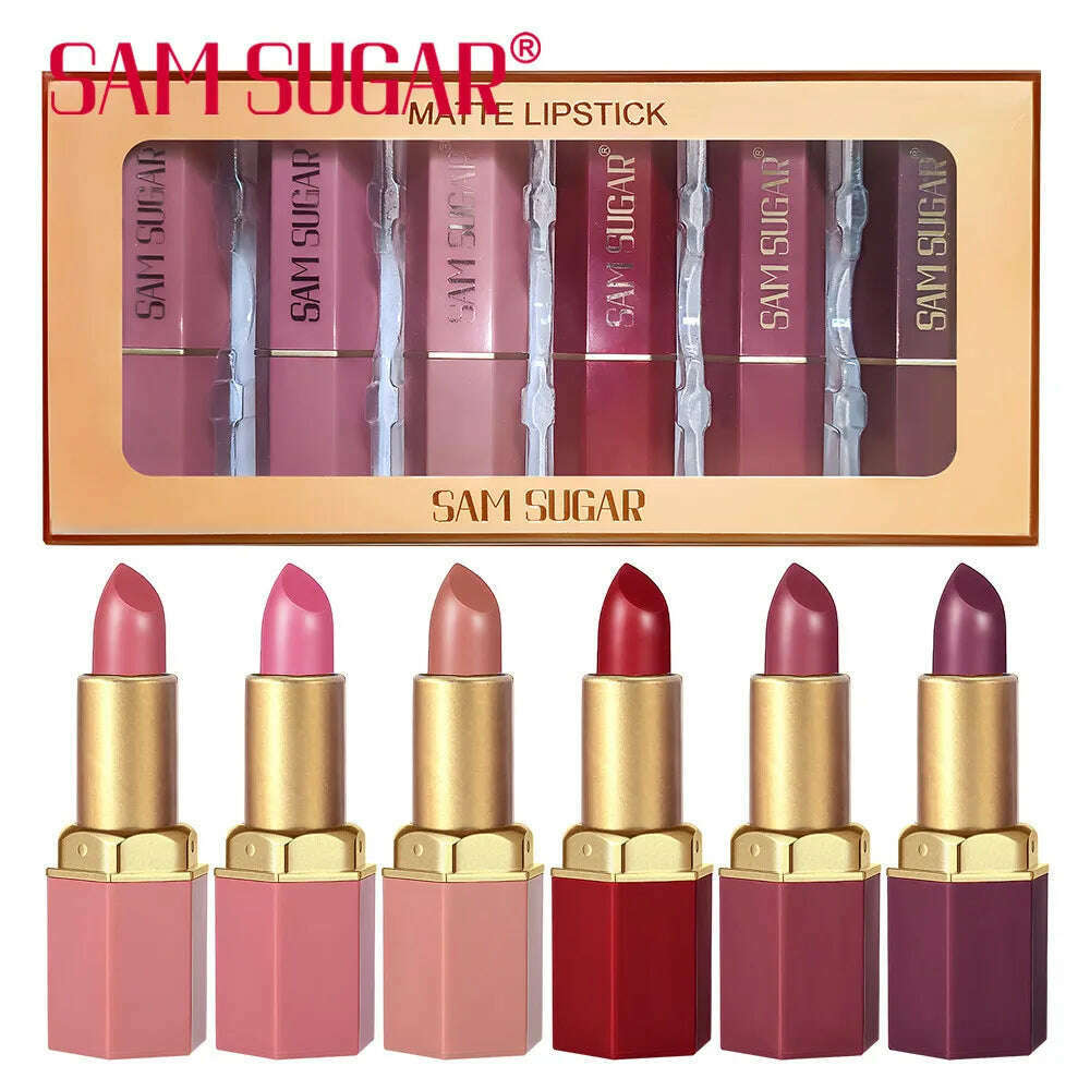 6 Colors Gold Bar Tube Lipstick Matte Texture Pearlescent Glitter Velvet Lipstick Valentine's Day Gift 6PCS - KIMLUD