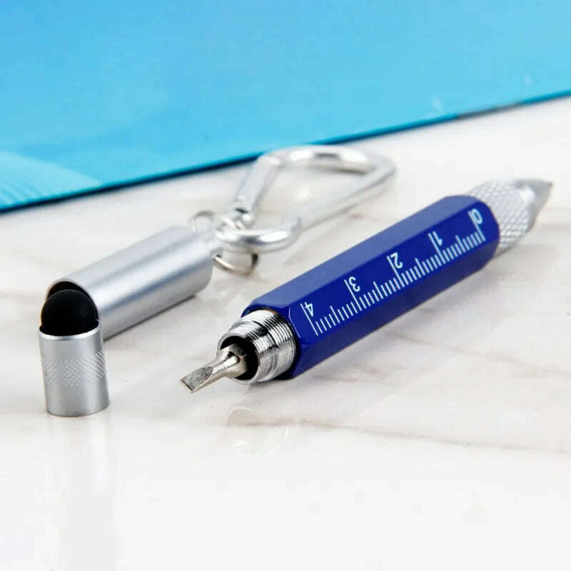 6 In 1 Tool Pens Small Ballpoint Rotating Metal Pens Screwdriver Hexagonal Touch Screen Carabiner Scale Keychain Writing Tools - KIMLUD