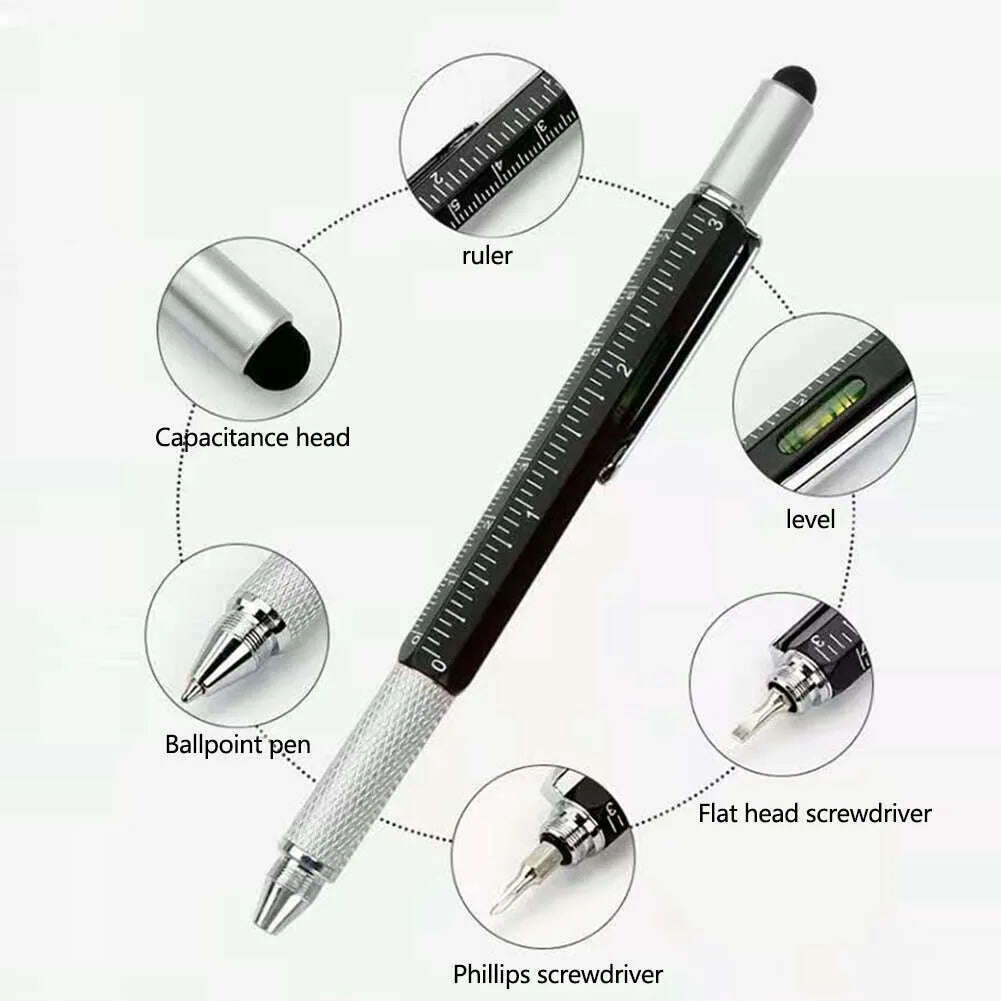 6 In1 Multi-Function Ballpoint Pen 1PC Modern Handheld Tool Measure Technical Ruler Screwdriver Touch Screen Stylus Spirit Level - KIMLUD