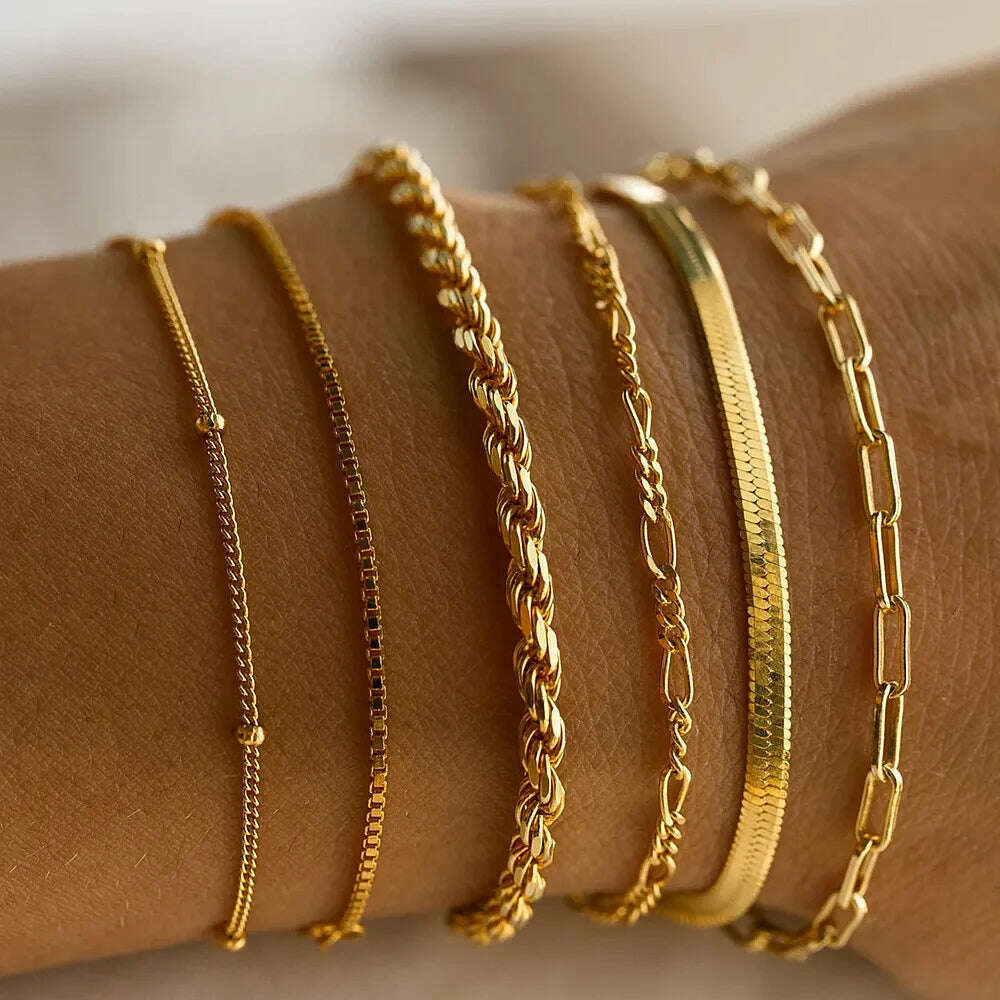 KIMLUD, 6 Piece Set Gold Color Luxury Bracelets for Women Zircon Shiny Simple Unisex Charm Chain Bracelet Punk Bangle Fashion Jewelry, W1, KIMLUD APPAREL - Womens Clothes