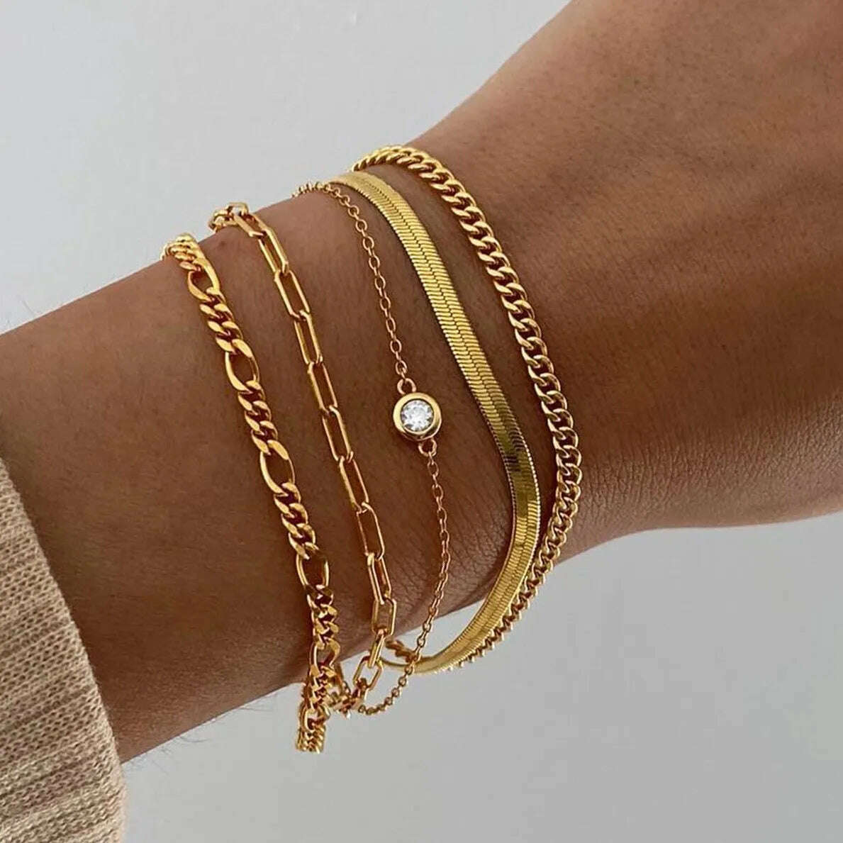 6 Piece Set Gold Color Luxury Bracelets for Women Zircon Shiny Simple Unisex Charm Chain Bracelet Punk Bangle Fashion Jewelry - KIMLUD