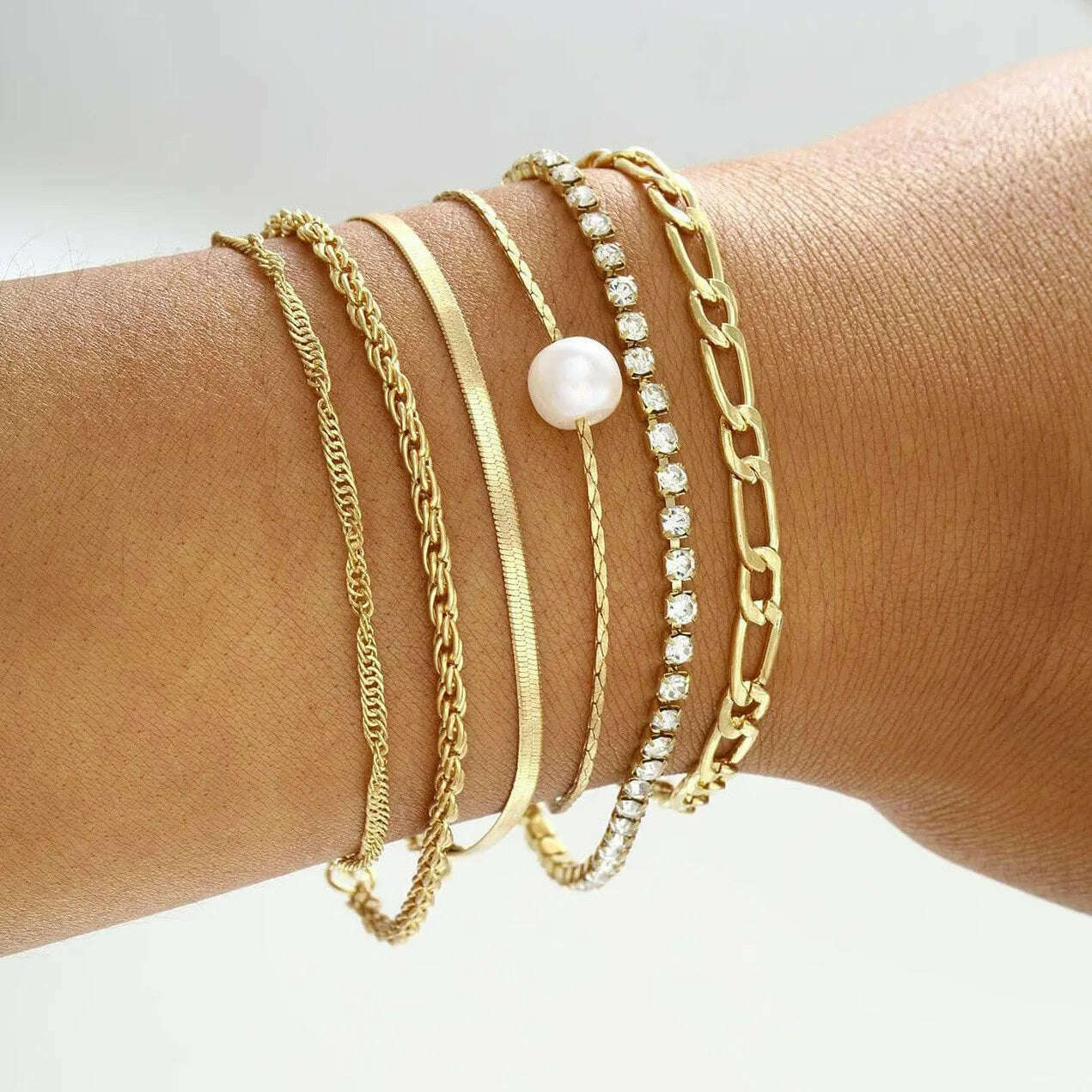 6 Piece Set Gold Color Luxury Bracelets for Women Zircon Shiny Simple Unisex Charm Chain Bracelet Punk Bangle Fashion Jewelry - KIMLUD