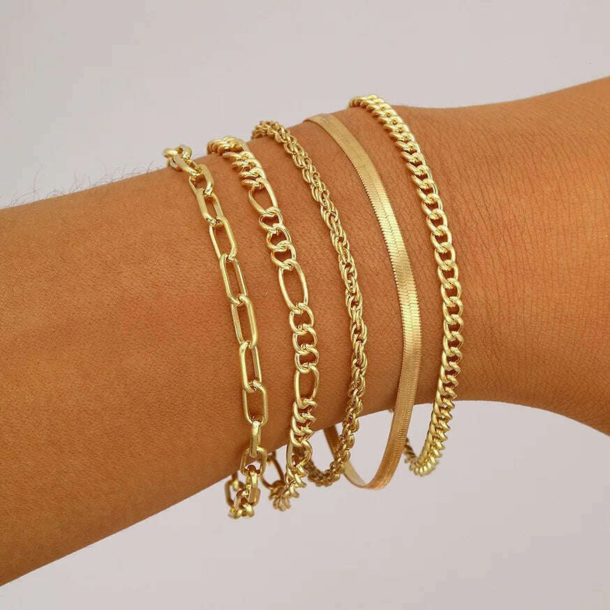 6 Piece Set Gold Color Luxury Bracelets for Women Zircon Shiny Simple Unisex Charm Chain Bracelet Punk Bangle Fashion Jewelry - KIMLUD