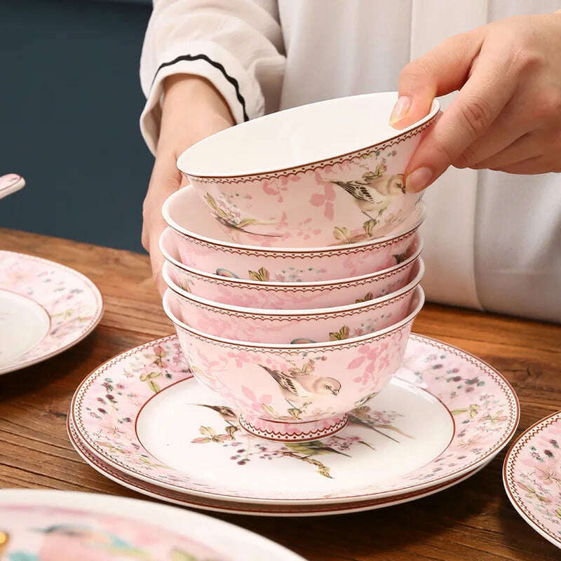 KIMLUD, 66 piece complete dinner set Luxury bone china dinnerware sets rice bowl plate chopsticks kitchen dishes full tableware dish set, KIMLUD Womens Clothes