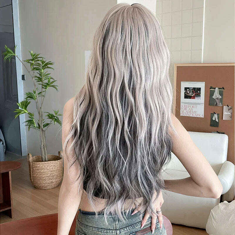 KIMLUD, 68CM Wig Women Long Curly Hair Air Bangs Wave Highlights Silver Gray Pink Wig Chemical Fiber Simulation Whole Headgear Wholesale, KIMLUD Womens Clothes