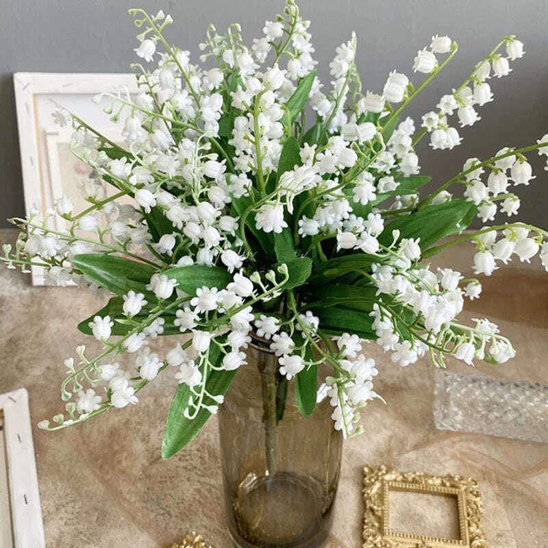 6pcs White Artificial Plastic Flower Lily of the Valley Bouquet Wedding Home Table Centerpiece Decoration Accessories Fake Plant - KIMLUD