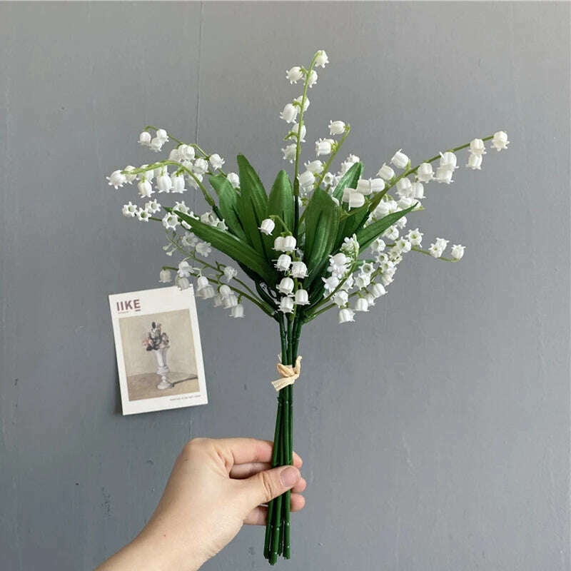 6pcs White Artificial Plastic Flower Lily of the Valley Bouquet Wedding Home Table Centerpiece Decoration Accessories Fake Plant - KIMLUD