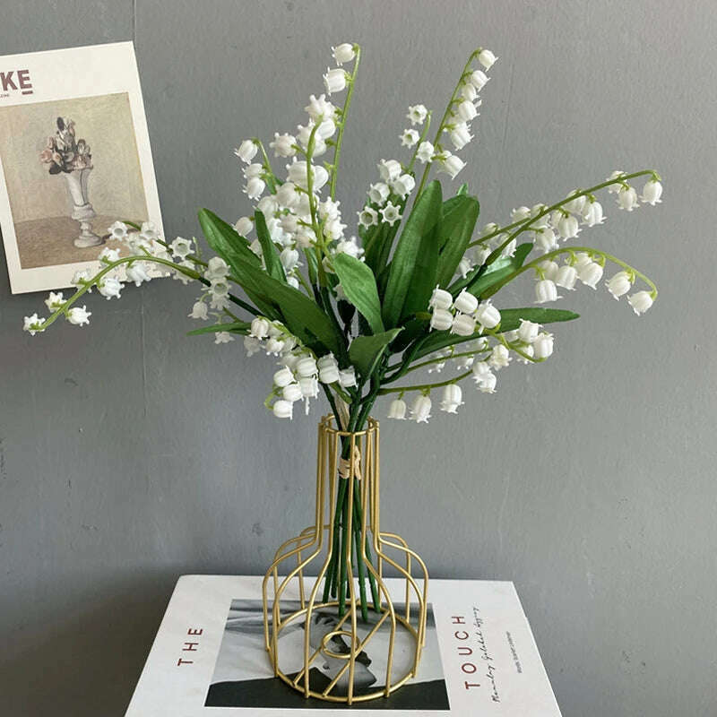 6pcs White Artificial Plastic Flower Lily of the Valley Bouquet Wedding Home Table Centerpiece Decoration Accessories Fake Plant - KIMLUD