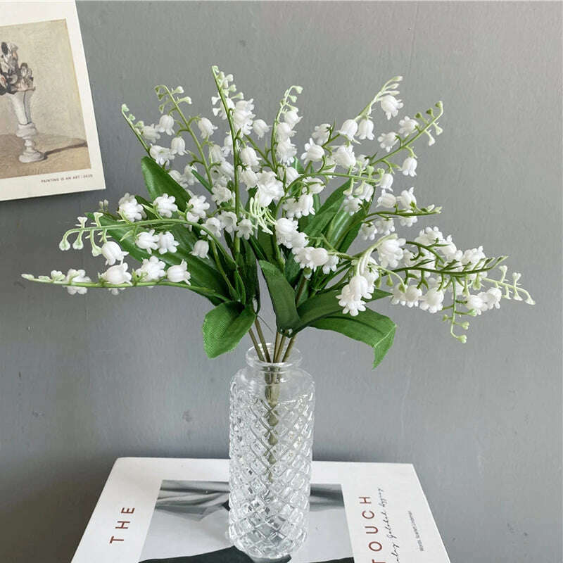 6pcs White Artificial Plastic Flower Lily of the Valley Bouquet Wedding Home Table Centerpiece Decoration Accessories Fake Plant - KIMLUD