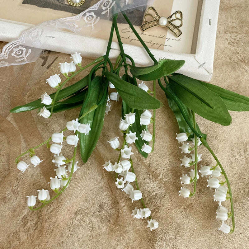 6pcs White Artificial Plastic Flower Lily of the Valley Bouquet Wedding Home Table Centerpiece Decoration Accessories Fake Plant - KIMLUD