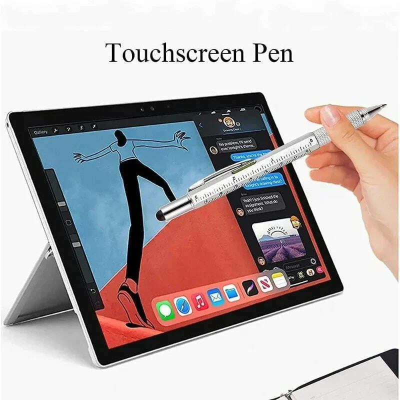 7-in-1 Multifunctional Screen Touch Ballpoint Pen Capacitive Pen with Screwdriver Scale Level Pens Gadgets Construction Tools - KIMLUD