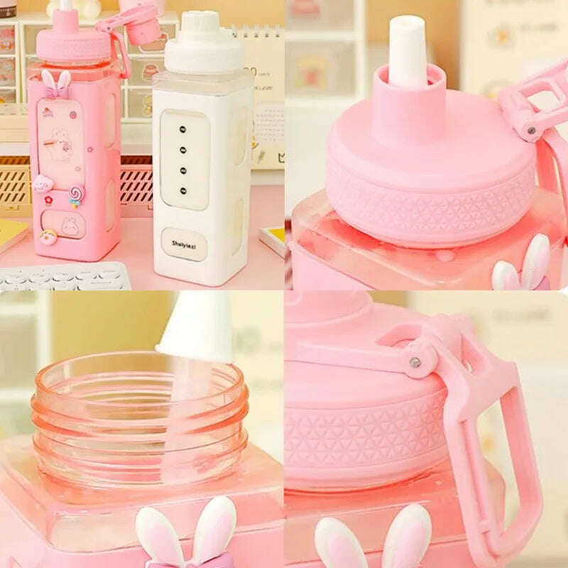 700ml Cute Water Bottle for Girls with Lid Straw Sticker Plastic Juice Milk Portable Kawaii Tumbler Children's Drinkware - KIMLUD