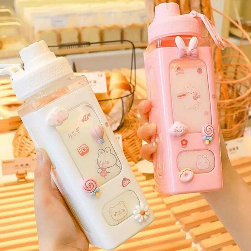 700ml Cute Water Bottle for Girls with Lid Straw Sticker Plastic Juice Milk Portable Kawaii Tumbler Children's Drinkware - KIMLUD