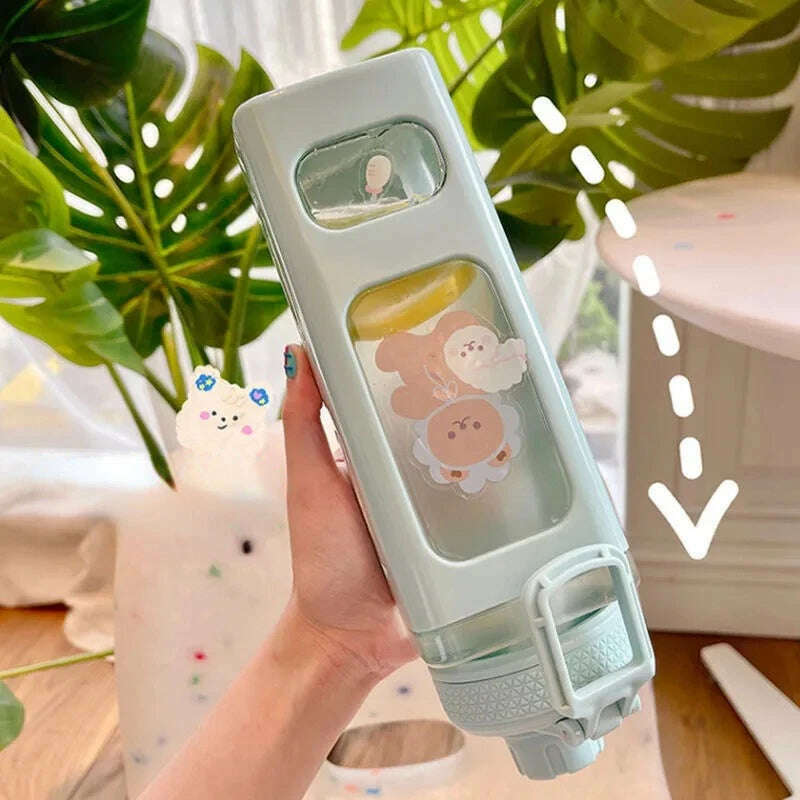 KIMLUD, 700ml Cute Water Bottle for Girls with Lid Straw Sticker Plastic Juice Milk Portable Kawaii Tumbler Children's Drinkware, green-700ml-stickers / as named, KIMLUD Womens Clothes