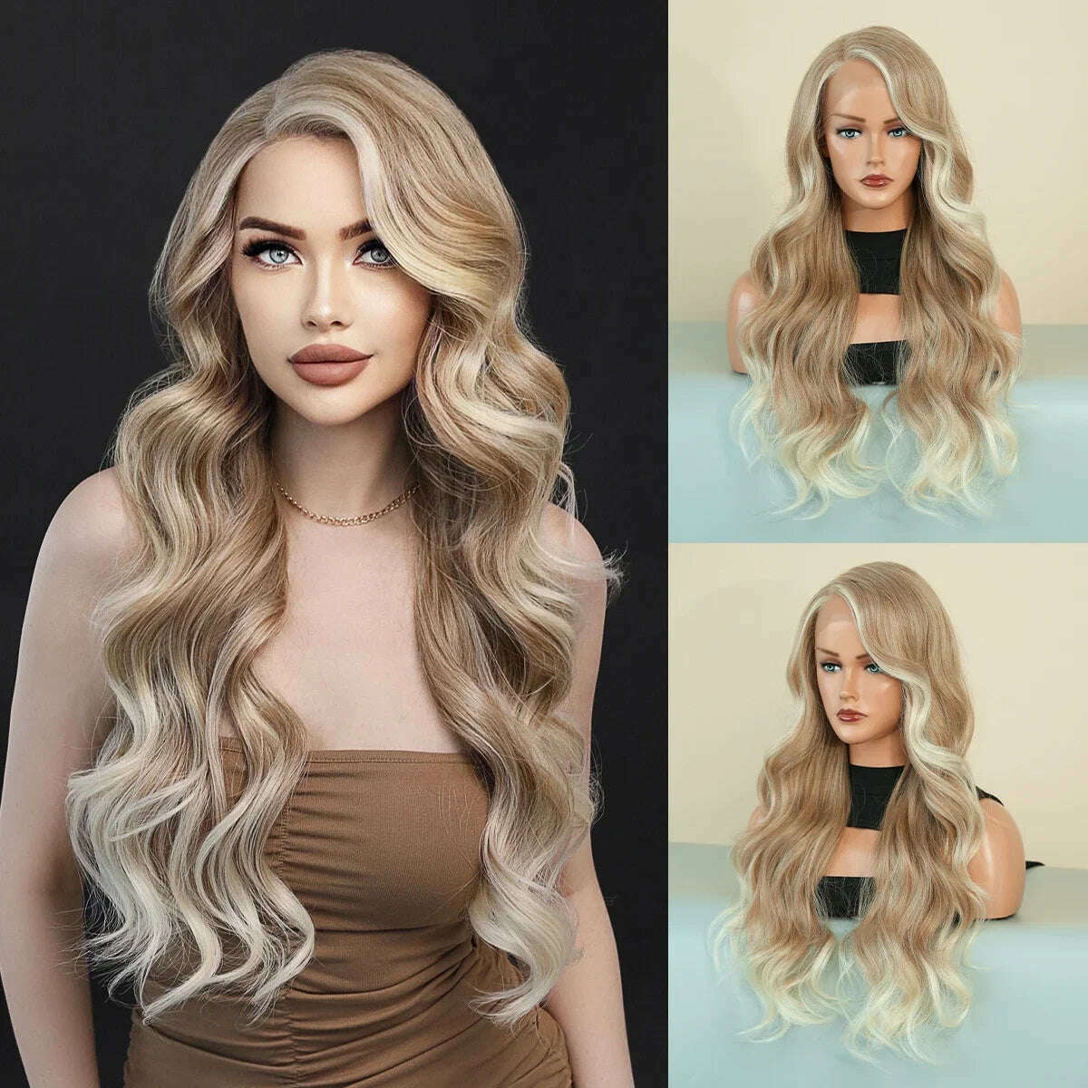 KIMLUD, 7JHH WIGS 13*4 Lace Front Wig Long Loose Wavy Blonde Wig for Women Synthetic Light Brown Lace Side Bangs Wigs Natural Looking, SZ5072-1, KIMLUD APPAREL - Womens Clothes