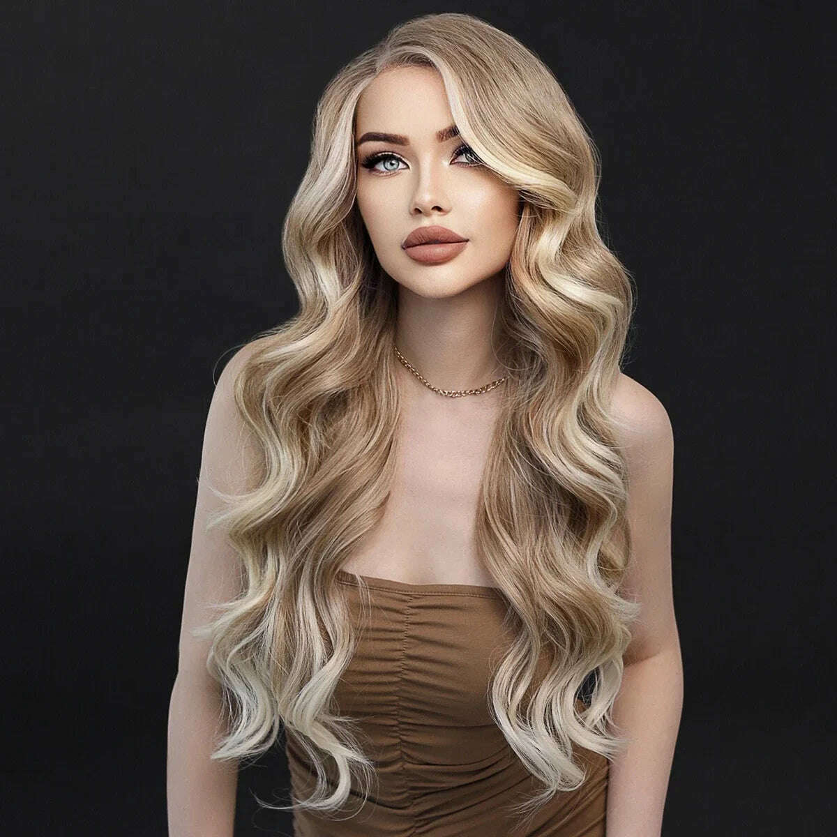 7JHH WIGS 13*4 Lace Front Wig Long Loose Wavy Blonde Wig for Women Synthetic Light Brown Lace Side Bangs Wigs Natural Looking - KIMLUD