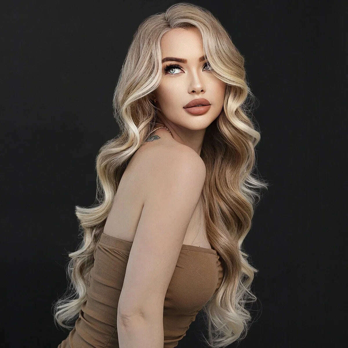 7JHH WIGS 13*4 Lace Front Wig Long Loose Wavy Blonde Wig for Women Synthetic Light Brown Lace Side Bangs Wigs Natural Looking - KIMLUD