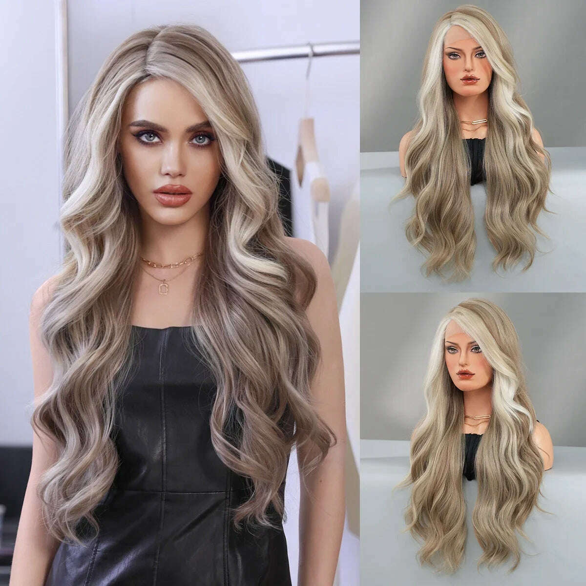 7JHH WIGS 13*4 Lace Front Wig Long Loose Wavy Blonde Wig for Women Synthetic Light Brown Lace Side Bangs Wigs Natural Looking - KIMLUD