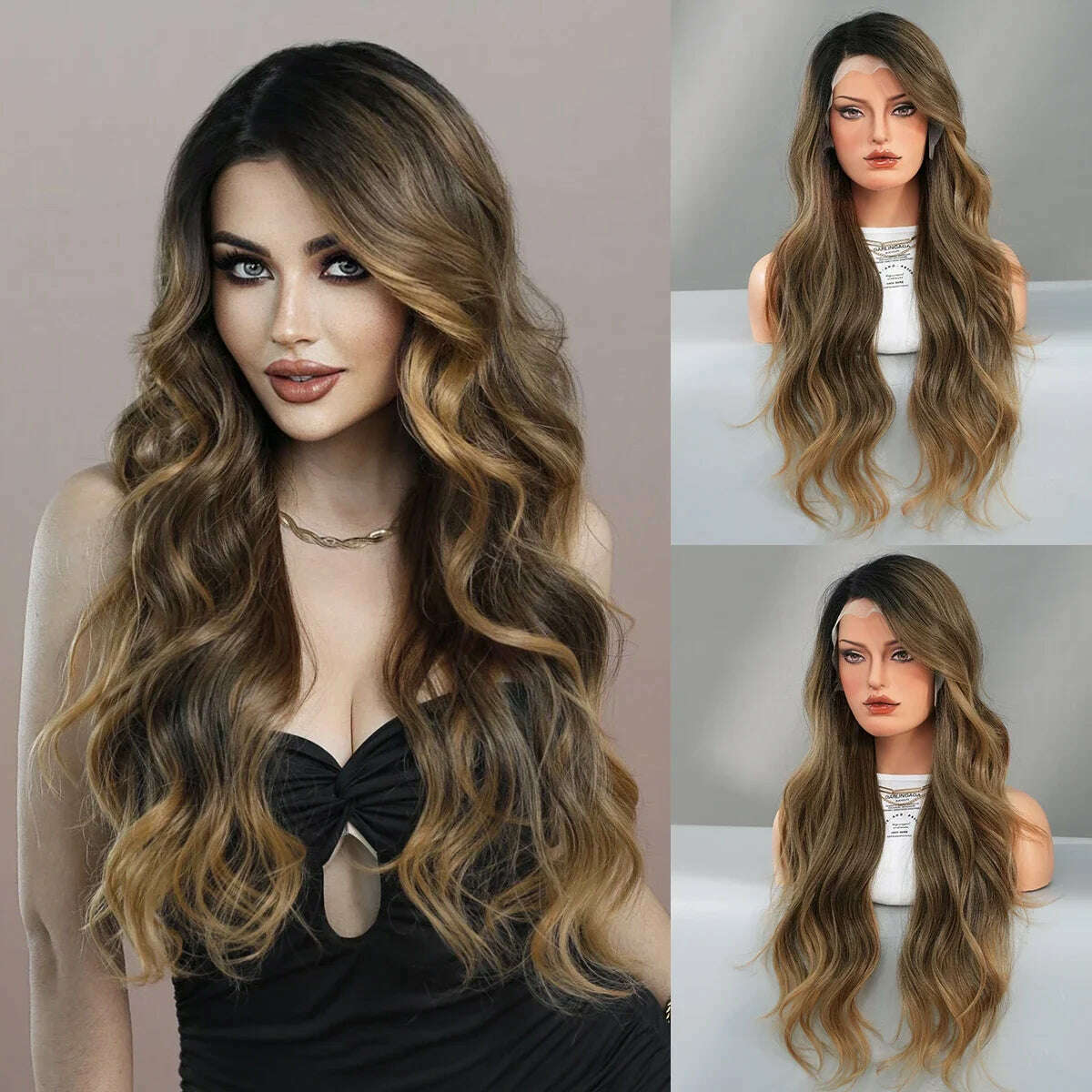 7JHH WIGS 13*4 Lace Front Wig Long Loose Wavy Blonde Wig for Women Synthetic Light Brown Lace Side Bangs Wigs Natural Looking - KIMLUD