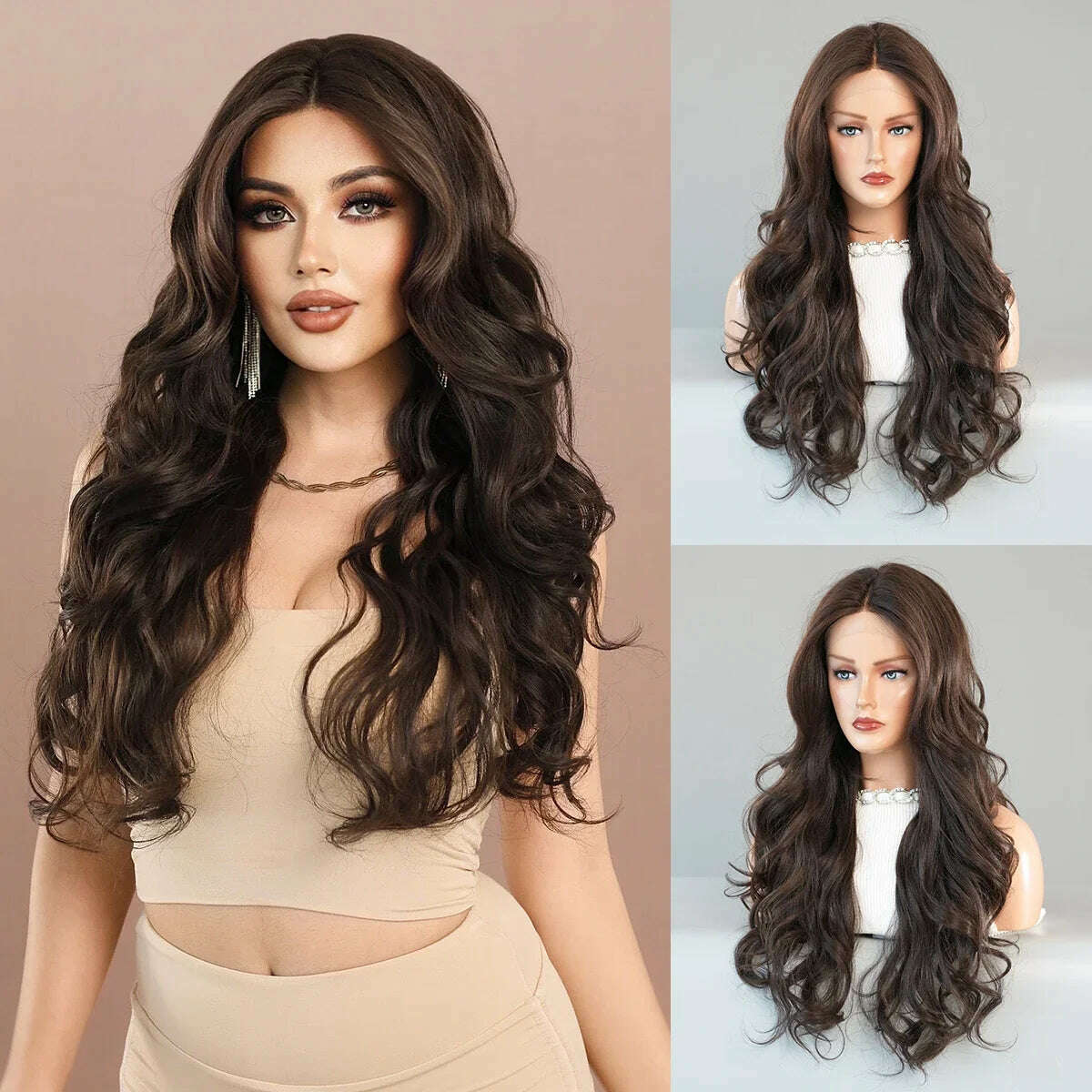 7JHH WIGS 13*4 Lace Front Wig Long Loose Wavy Blonde Wig for Women Synthetic Light Brown Lace Side Bangs Wigs Natural Looking - KIMLUD